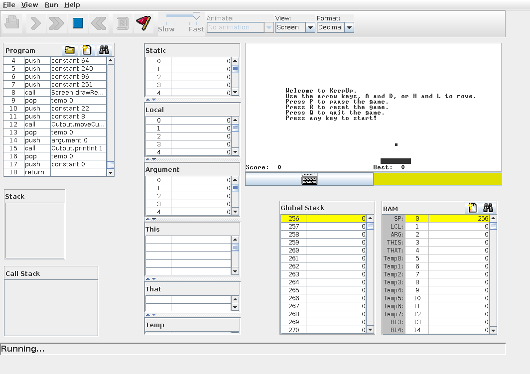 My KeepUp game running in the Hack Virtual Machine
